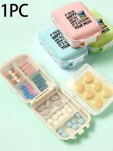 8-compartment portable multi-layer pill box, compact and moisture-proof medicine organizer, printed with fun slogans, suitable for vitamins, supplements, and tablets, BPA-free, reusable, unisex, ideal for travelers and daily medication users