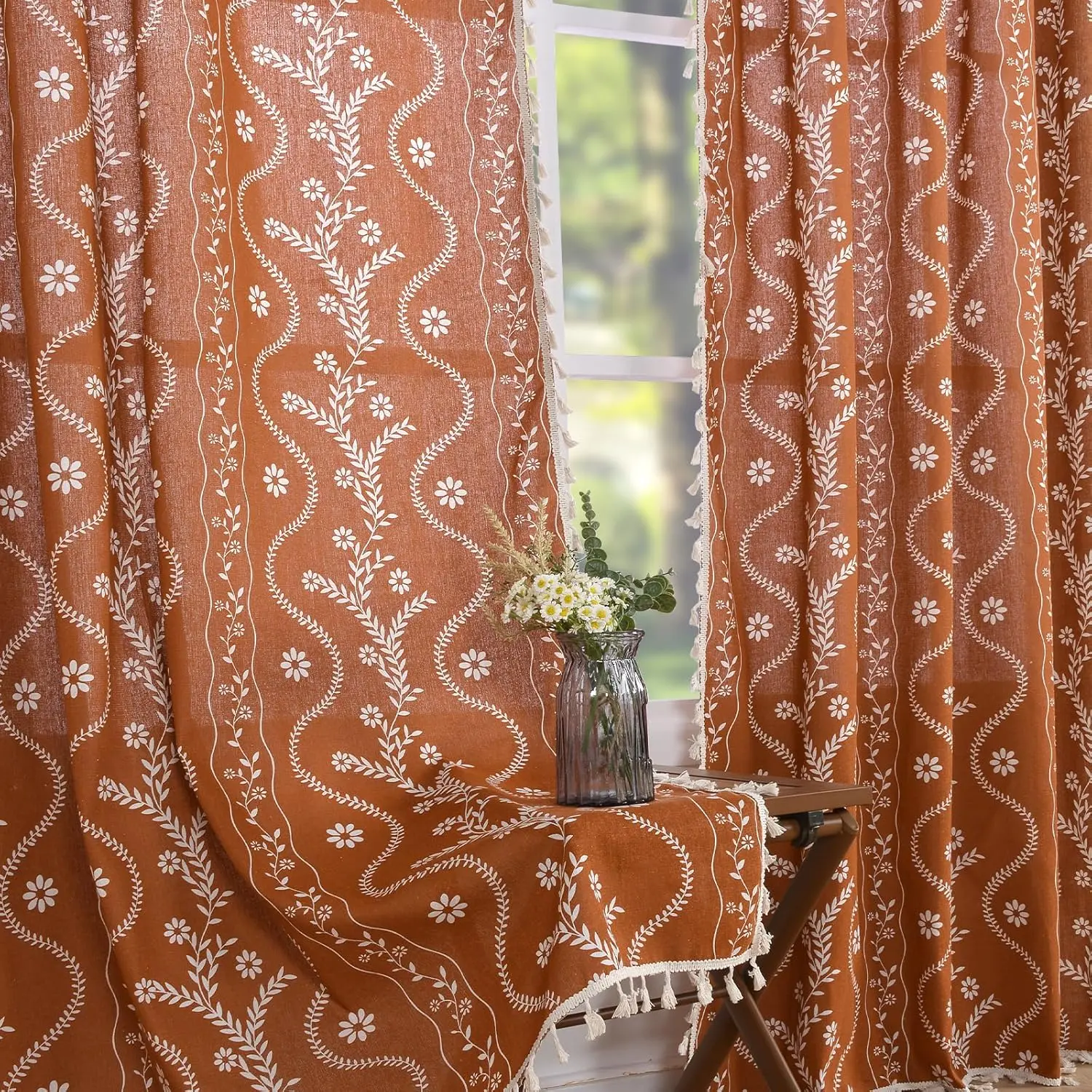 Burnt Orange Linen Terracotta Flower Motif Curtains - 52w x 84l (Pack of 2), Semi Sheer Boho Vintage Printed Drapes, Light Filtering Home Style Curtains for Living Room Inspo, Machine Washable, Compatible with Window Rods, Floral Print
