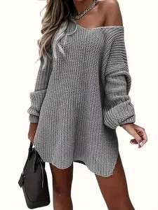 Women's Sweater Dress with Split Thigh Design, Elegant Long Sleeve Knitwear for Fall & Winter, Casual Fashionable