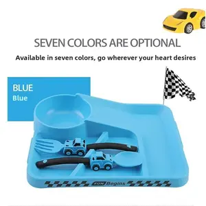 Three-piece children's dinnerware set - car-themed divided plate, fork, and spoon - bright yellow with car patterns, a favorite mealtime solution for kids - a perfect gift for children
