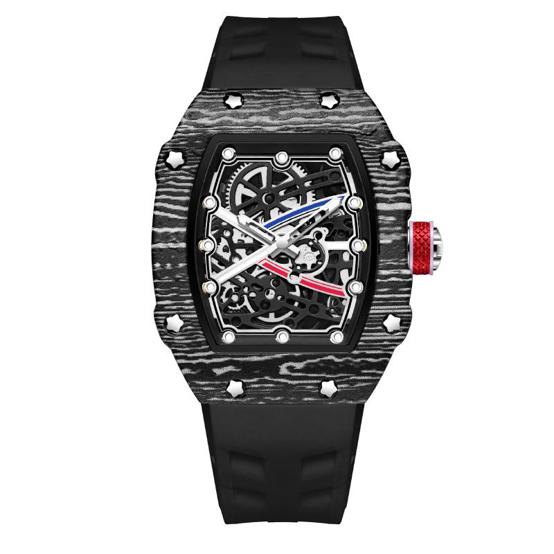 Fashion Skeleton Quartz Watch for Men, Carbon Fiber Design, Red Silicone Band, Perfect for Daily & Sports