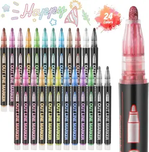 24 Colors Super Squiggles Outline Metallic Pens Double Line Shimmer Marker Pens for Christmas Greeting Cards, Scrapbook Crafts, Doodling, DIY Art Crafts, Easter Egg, Ceramic, Christmas Decor