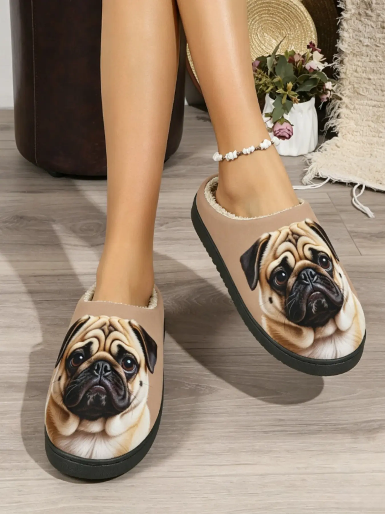 Basset Hound Print Fuzzy Home Slippers for Men and Women, Fall Winter Non-Slip Rubber Sole, Pet Lovers Gift, Cozy Indoor Shoes