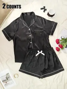 [Plus Size] Contrast Binding Button Front Pocket Shirt & Elastic Waist Shorts Pyjama Set, Casual Comfy Short Sleeve Top & Shorts PJ Set, Women's Sleepwear for All Seasons, Loungewear, Pajama Set, Matching Pajamas Set