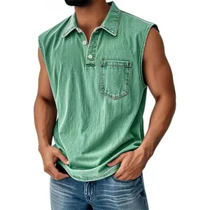 Sleeveless Shirts for Men Distressed Washed Workout Tank Tops Summer Casual Cotton Button Down Lightweight Tee Shirt