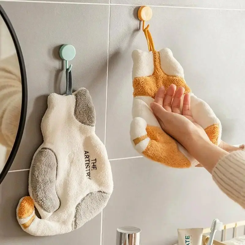 Cute Cat-Shaped Coral Fleece Hand Towel, Ultra-Absorbent Quick-Drying Hanging Towel for Kitchen Bathroom Cat Hand Towels