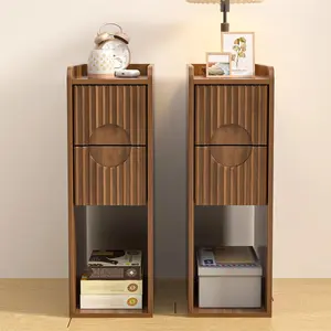 Narrow Fluted Nightstand, Slim 2 Drawer Bedside Table, Modern Wooden Nightstand with Storage Drawers, Space-Saving End Table for Bedroom & Living Room