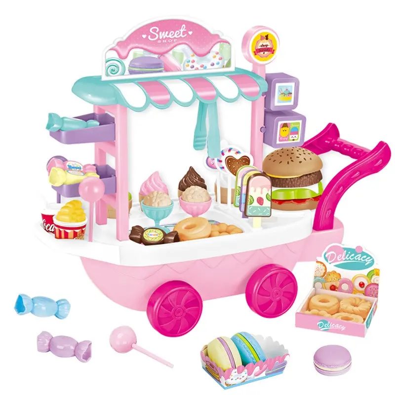 Kids Ice Cream Cart Toy Set with Mini Candy Push Cart, Includes Burger, Donut, Ice Cream Play Food Accessories for Pretend Play, Perfect for Ages 3+, Family Interaction and Birthday Parties