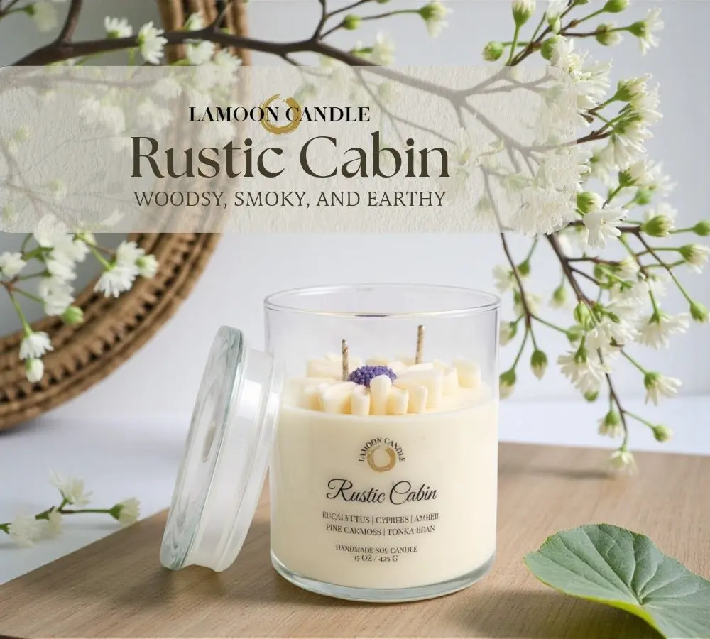 Rustic Cabin Artistry Scented Soy Candle | Hand-Poured with Purple Daisy Embeds