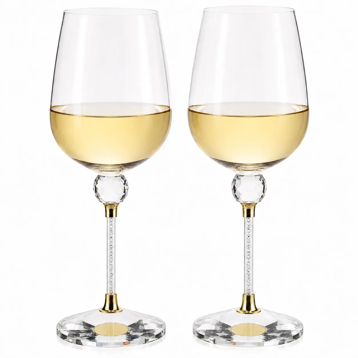 Rhinestone DIAMOND Studded Wine Glasses 16 Ounces - Set of 2 -Long Stem10-inches Tall, Gold and Laser Cut Sparkling Wine Wedding Glasses, Elegant Crystal - For Everyday, Weddings, Parties, Glassware