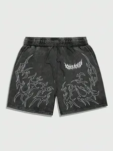 Men's Casual Shorts, Distressed Wash Base with Thorn Totem Print, Adjustable Drawstring Waist, Streetwear Style