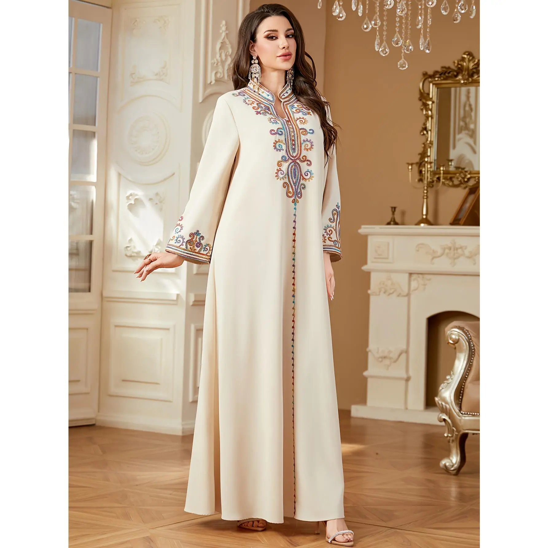 Women's Islamic Polyester Abaya - Moroccan Arabic Style, All Seasons, 1 Color Option, Full Length, Loose Fit, Embroidered V-Neck, Festive Attire for Ramadan Eid Casual Evening Occasions, Islamic Dubai Abaya, M, Embroidery, Elegant