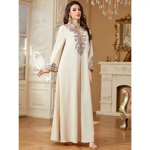 Gift for All 4 Seasons, 1 Color Option: Women's Robe - Moroccan Arabic Style Gown Casual Evening Party Dresses Ramadan Eid Festival Attire Loose Embroidered V-Neck Islamic Dubai Abaya