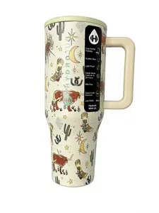 HydroJug 40oz Western Charm Travel Mug Stainless Steel Insulated Tumbler with Cacti Longhorns & Cowboy Motifs Leak-Proof Lid Portable Washable Reusable for Coffee Iced Tea Water Bottles Stylish Drinkware Flasks