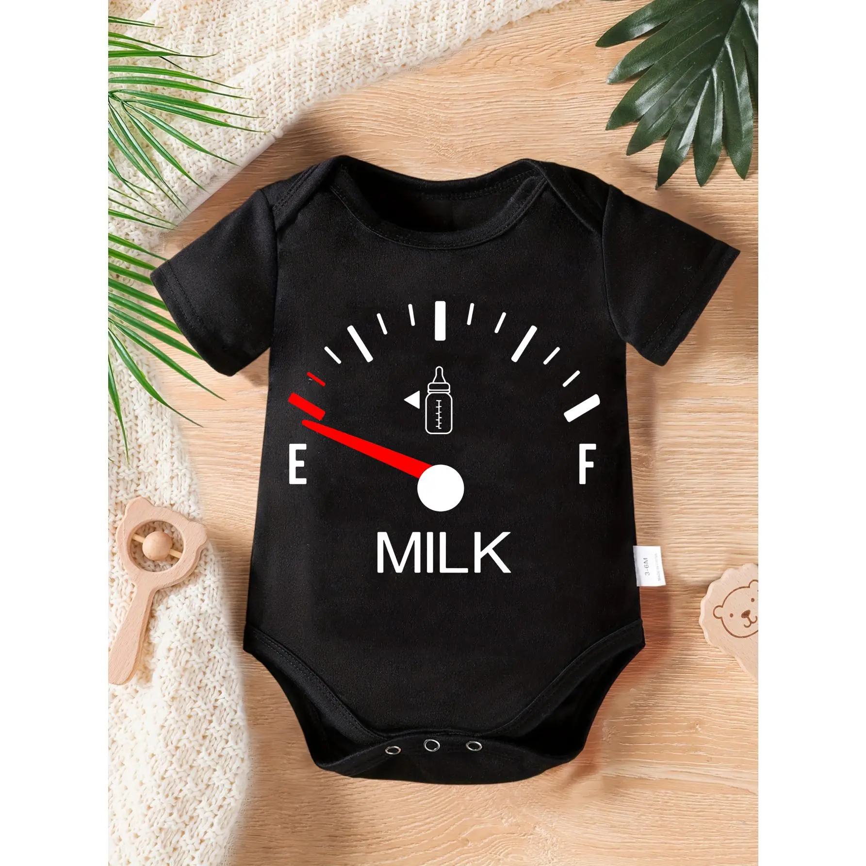 Baby Bodysuit for 0-12 Months, Knitted Fabric with Cute Milk Gauge Print, Round Neck, Button Detail, Soft Versatile Regular Fit All-Season Baby Items Onesie