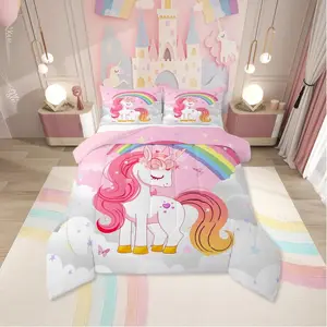 Unicorn Girls Bedding Set,| Kids Rainbow Unicorn Comforter Set,Kawaii Cute Reversible Stars Butterfly Quilt Comforter Teens Children Adults Cartoon Room Decor All Season