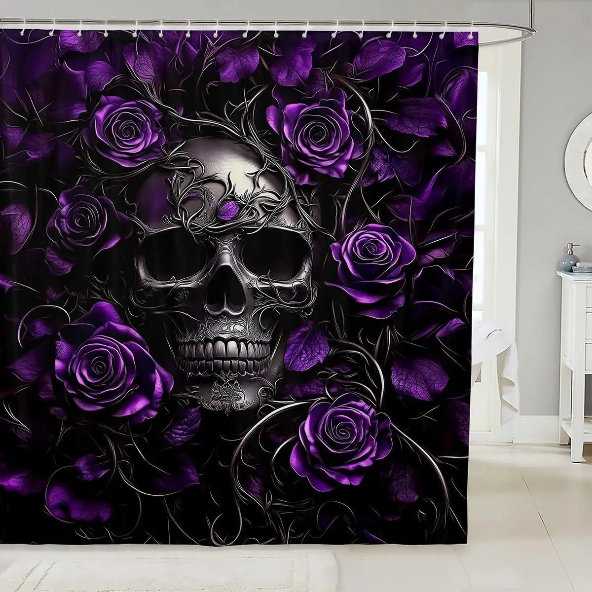 Sugar Skull Shower Curtain,Purple Rose Floral Bathroom Shower Curtain Sets for Teens Adults,Gothic Skeleton Fabric Shower Curtain