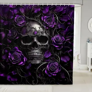 Sugar Skull Shower Curtain,Purple Rose Floral Bathroom Shower Curtain Sets for Teens Adults,Gothic Skeleton Fabric Shower Curtain,summervibes