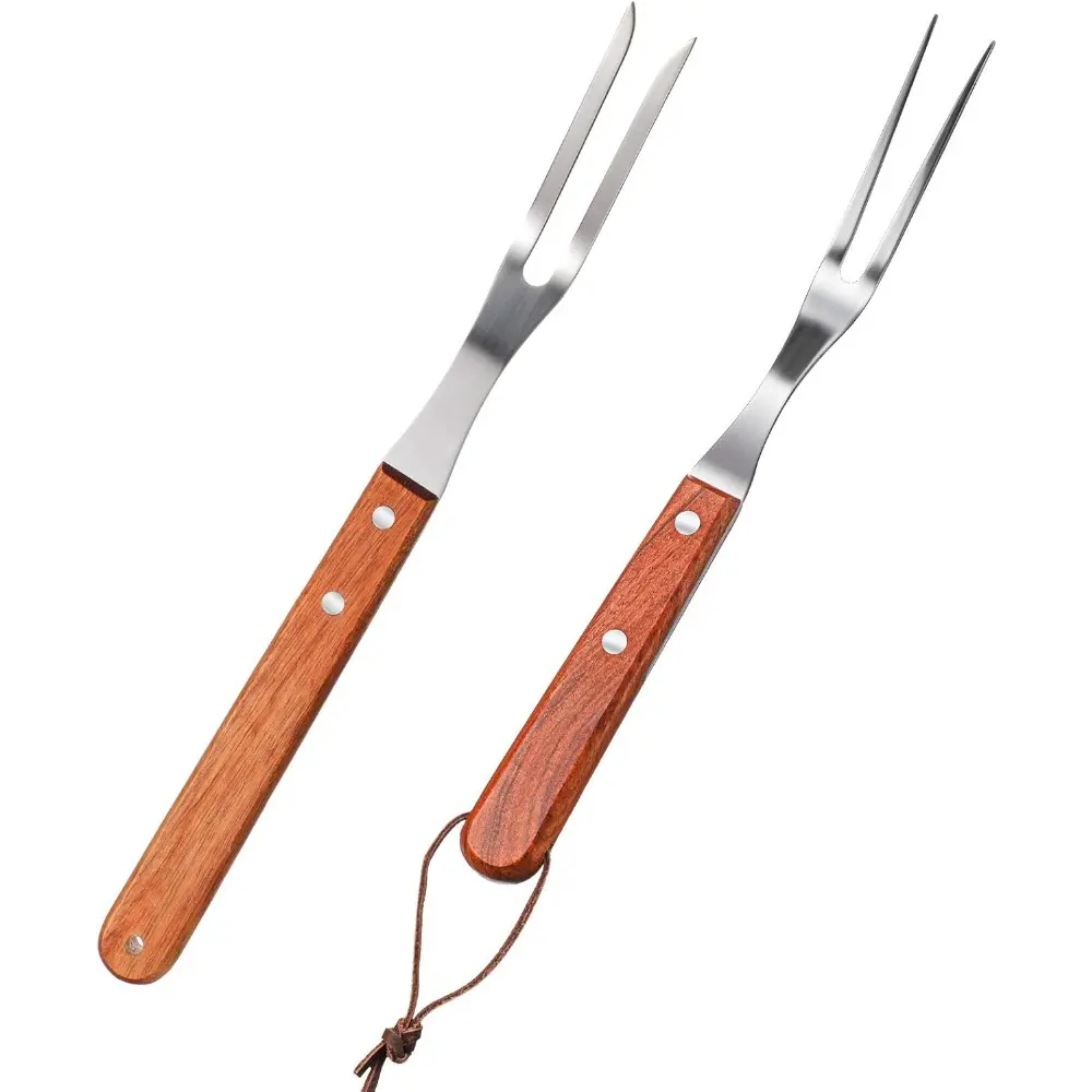 Sturdy 2-Piece Stainless Steel Carving Fork Set, Rosewood Handles, 13in & 10in Kitchen Grilling Barbecue Utensils