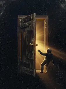 The Door — Surreal Astronaut Art Poster | Golden Cosmic Space Wall Art, UV-Printed in the USA
