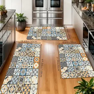 Boho Moroccan Tile Kitchen Rugs Set, Non-Slip Washable Floor Mats, Vintage Blue & Orange Geometric Floral Print Runner Carpets for Kitchen, Bathroom & Farmhouse Decor