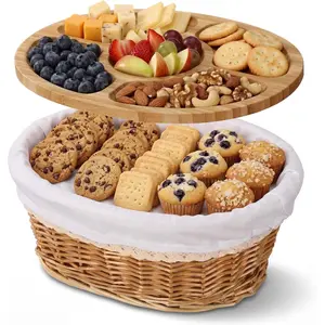2 Pcs Wicker Bread Basket for Serving with Liner and Tray Lid Charcuterie Board Keep Bread Warm and Fresh 12 x 9 Inches Large Fruit Basket for Picnic Housewarming Gifts