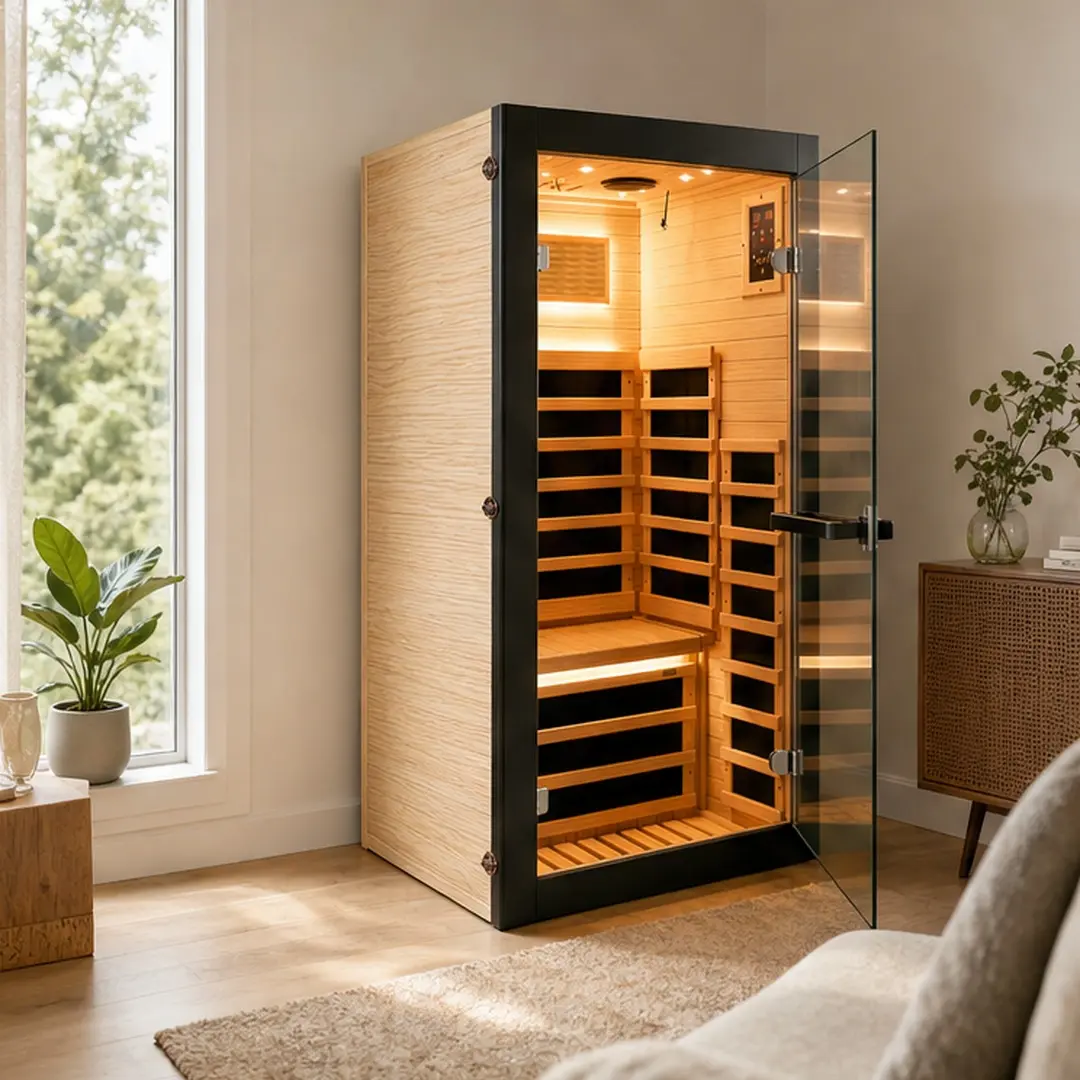 1-Person Rectangle Sauna Cabin, ARCH 1050W Portable Indoor Home Spa with 8 Heating Plates, 30-65°C Temp Range, Starry Sky Ambient Lighting, Chilean Pine Wood, American White Oak Finish, 780x780x1580mm, 100 kg Capacity, for Relaxation & Detox, 3-Meter Powe