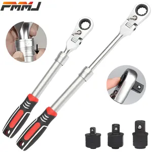 PMMJ 4pcs Professional Extendable Ratchet Socket Wrench Set, 1pc 12.7in-17.9in Long Ratchet Wrench, with 3pcs 1/4"&3/8"&1/2" Socket Drive Adapat, 180° Flex Head, Cr-V Steel, No-Slip Soft Grip Handle, with Storage Tray, 1 Set for All Use, Men's Gift