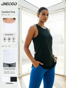 Jxgogo Summer Women's Sleeveless Long Tank Top, Yoga Workout Vest, Round Neck Fitted Casual Sportswear, Quick-Dry Sweatshirt for All Seasons
