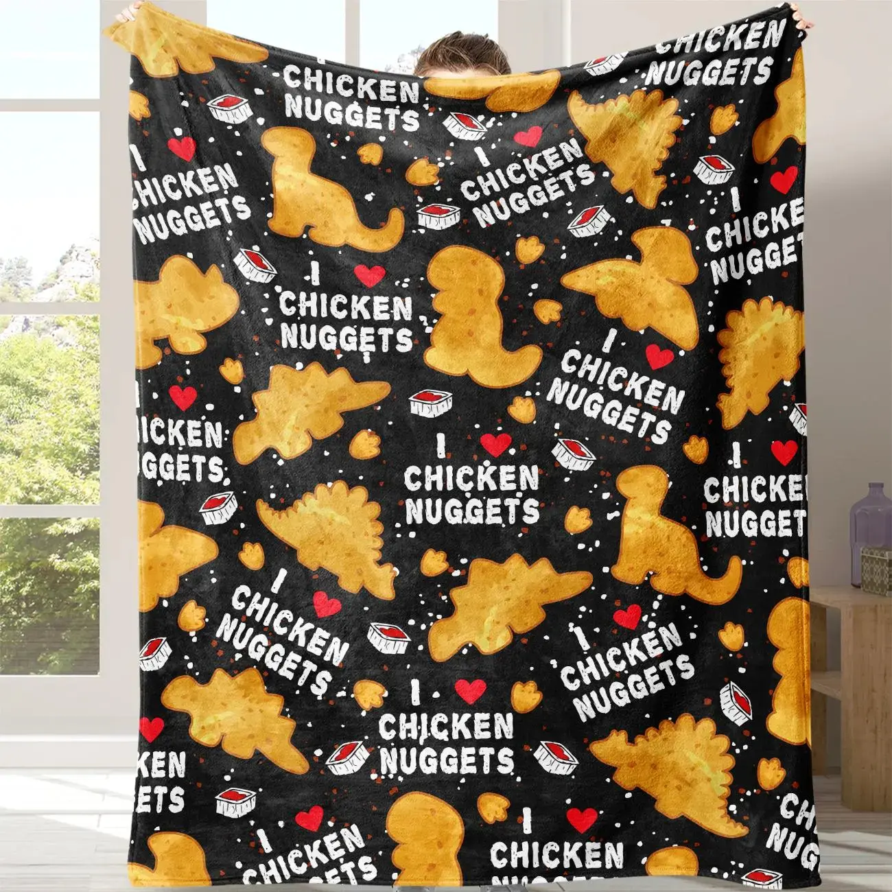 Chicken Nugget Pattern Flannel Blanket, Food Themed Blanket, Slogan Print Blanket, Printed Blankets, 1 Count Soft Comfortable Throw Blanket, Warm Napping Blanket for Home Office Travel Camping