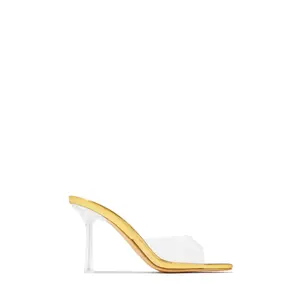 Kendal Clear Strap Mid Heel Mules - Gold