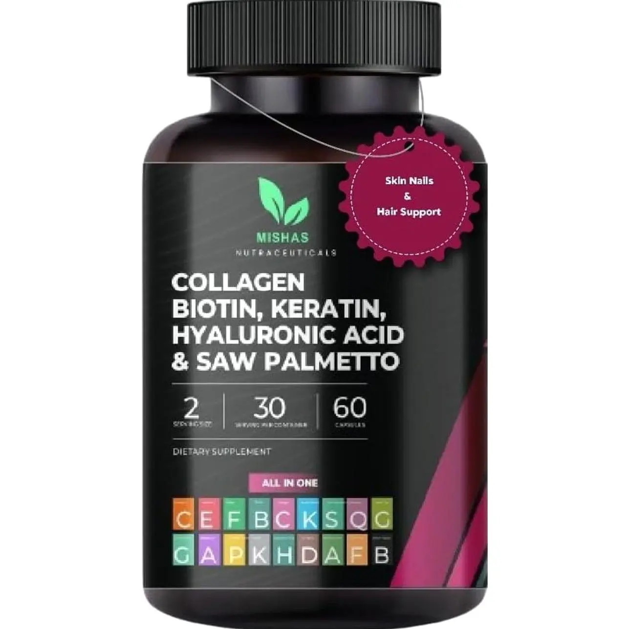 Multi Collagen Hair Pills - Biotin 10,000mcg, Keratin & Hyaluronic Acid - Hair Growth - Hair Skin & Nails Vitamins & DHT Blocker - Vitamin E Folic Acid Pumpkin Seed MSM, Saw Palmetto 60 Vegan Capsules