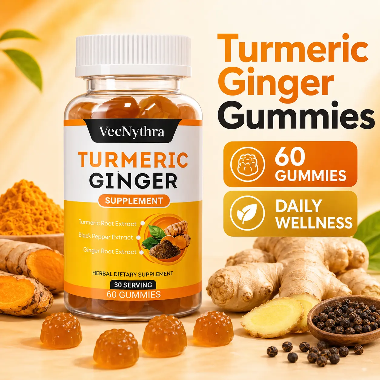 VecNythra Turmeric Ginger Gummies with Black Pepper Extract, 60 Count Chewable Dietary Supplement for Adults, Daily Wellness Support
