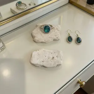 2 Pcs Travertine Jewelry Tray Organiser, Irregular Stone Ring Earring Holder, Handmade Decorative Vanity Tray for Dresser Bathroom Counter