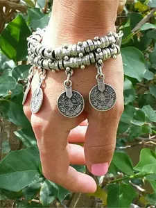 Hiphop Punk Alloy Bracelet Anklet Set, Vintage Ethnic Style Coin Tassel Jewelry, Trendy Fashion Accessory for Women & Men, Boho Style Bracelet