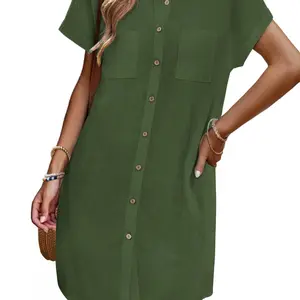 Zeagoo Womens Button Down Shirt Dress Summer Cotton Linen Dress V-Neck Mini Dress Casual Short Sleeve Loose Tunic Dresses