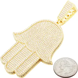 14k Yellow Gold Plated AAA Cubic Zirconia Hamsa Hand Pendant