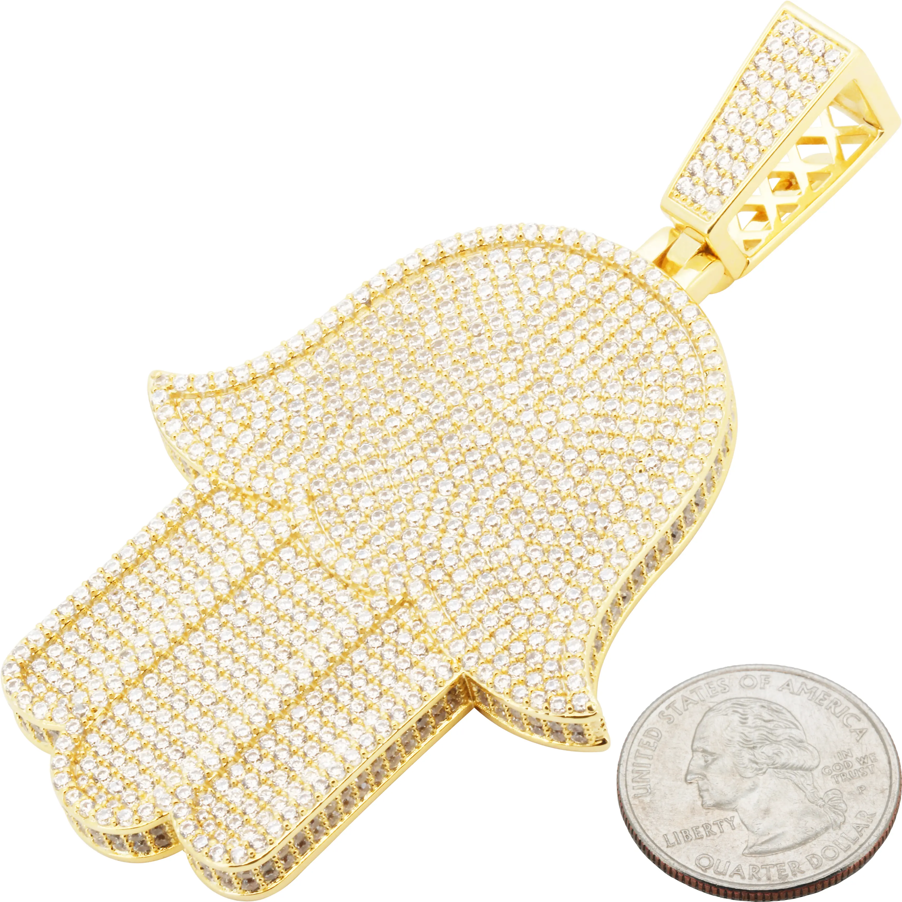 14k Yellow Gold Plated AAA Cubic Zirconia Hamsa Hand Pendant