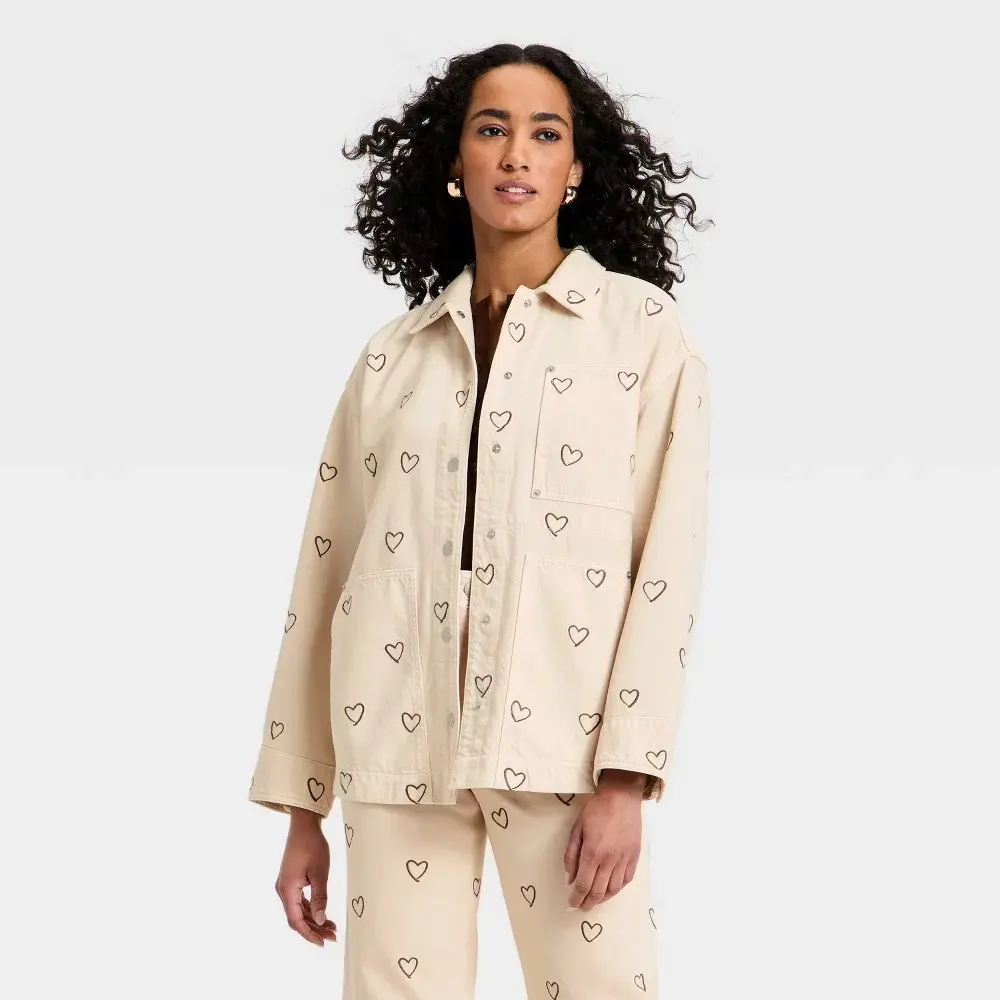 Women's Heart Embroidered Chore Denim Jacket - Universal