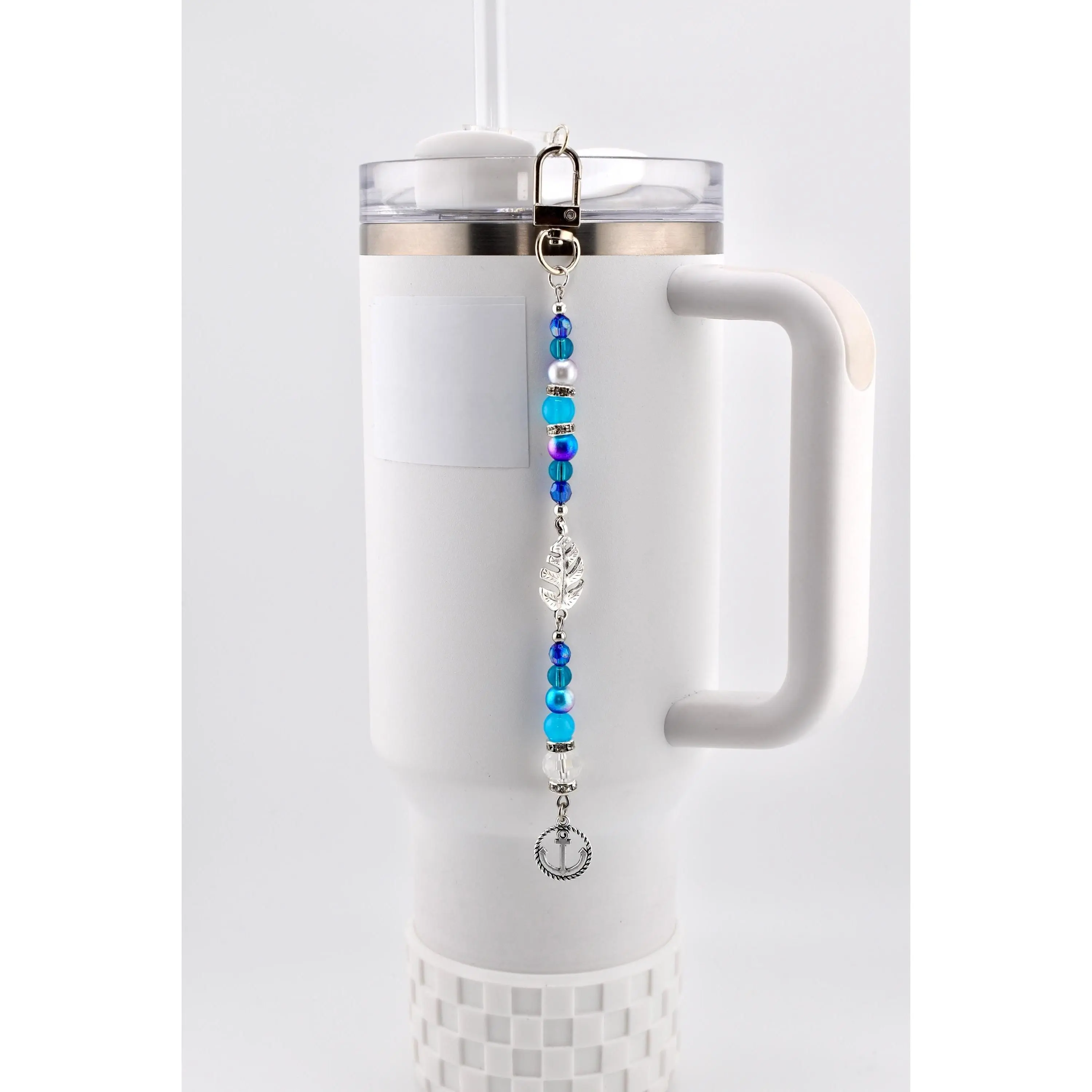Coastal Charm Tumbler Straw Dangle: Teal Blue Silver Beads, Anchor, Monstera Leaf