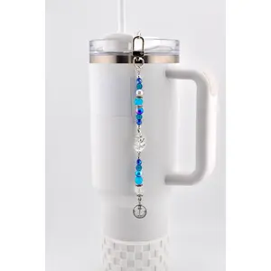 Coastal Charm Tumbler Straw Dangle: Teal Blue Silver Beads, Anchor, Monstera Leaf