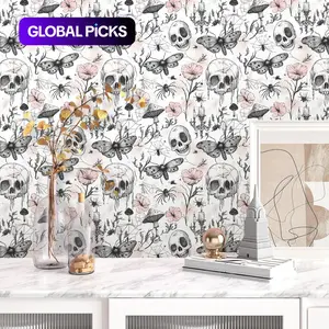 Gothic Skull Halloween Wallpaper Roll, Butterfly Leaf Pattern Wall Paper, peel and stick wallpaper Designs, Self-Adhesive Waterproof Removable Contact Paper for Home Decor, wallpaper for bedroom, wallpaper for living room #GLOBAL PICKS