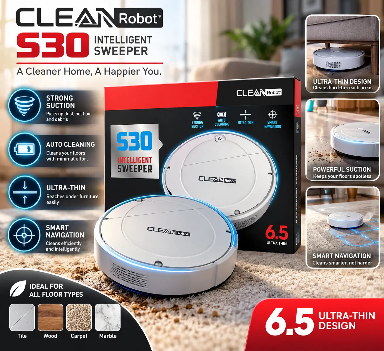 CLEANRobot S30 Robot Vacuum - Automatic Smart Household Home Appliance for Clean Floors Solution, Vacuums & Floor Care