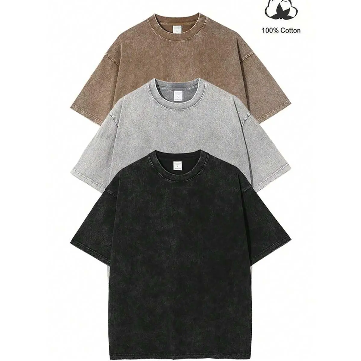 Men's 3-Pack Plain Cotton T-Shirt Set - Heavyweight 230gsm 100% Cotton Retro Washed Streetwear Tops, Loose-Fit, Breathable Short Sleeves, Slight Stretch Casual Menswear Tees