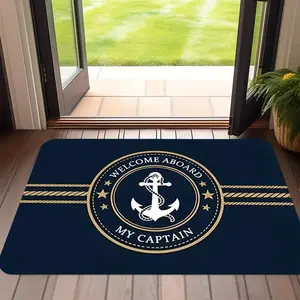 Nautical Anchor Doormat, "Welcome Aboard My Captain" Quote, Non-Slip Backing. Absorbs Dirt & Moisture, Easy to Clean. Perfect for Coastal Entryway Decor