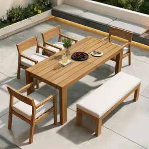 6-Seat Patio Dining Set with Umbrella Hole, 71" Rectangular Table & Bench, Outdoor Furniture with Removable Cushions for Backyard, Garden & Poolside