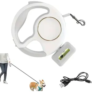 Retractable Dog Leash 10ft/3M - Rechargeable Pet Leash with LED Flashlight One-Handed Brake Ring Buckle Locker & Poop Bag Dispenser - Small & Medium Dogs | Color White