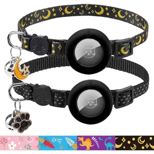 Airtag Cat Collar Breakaway 2 Pack with Bells, Reflective Kitten Collar with Air Tag Holder for Boy Girl Kitty and Puppies, Soft, Black