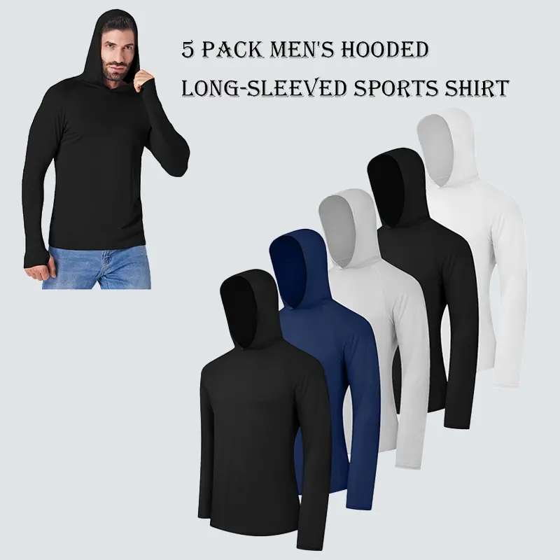 Noeallyrisss 5 pack Men's Athletic Hooded Long Sleeves – Quick Dry Running Shirts with Thumb Holes Sports Activewear Set outdoorfun