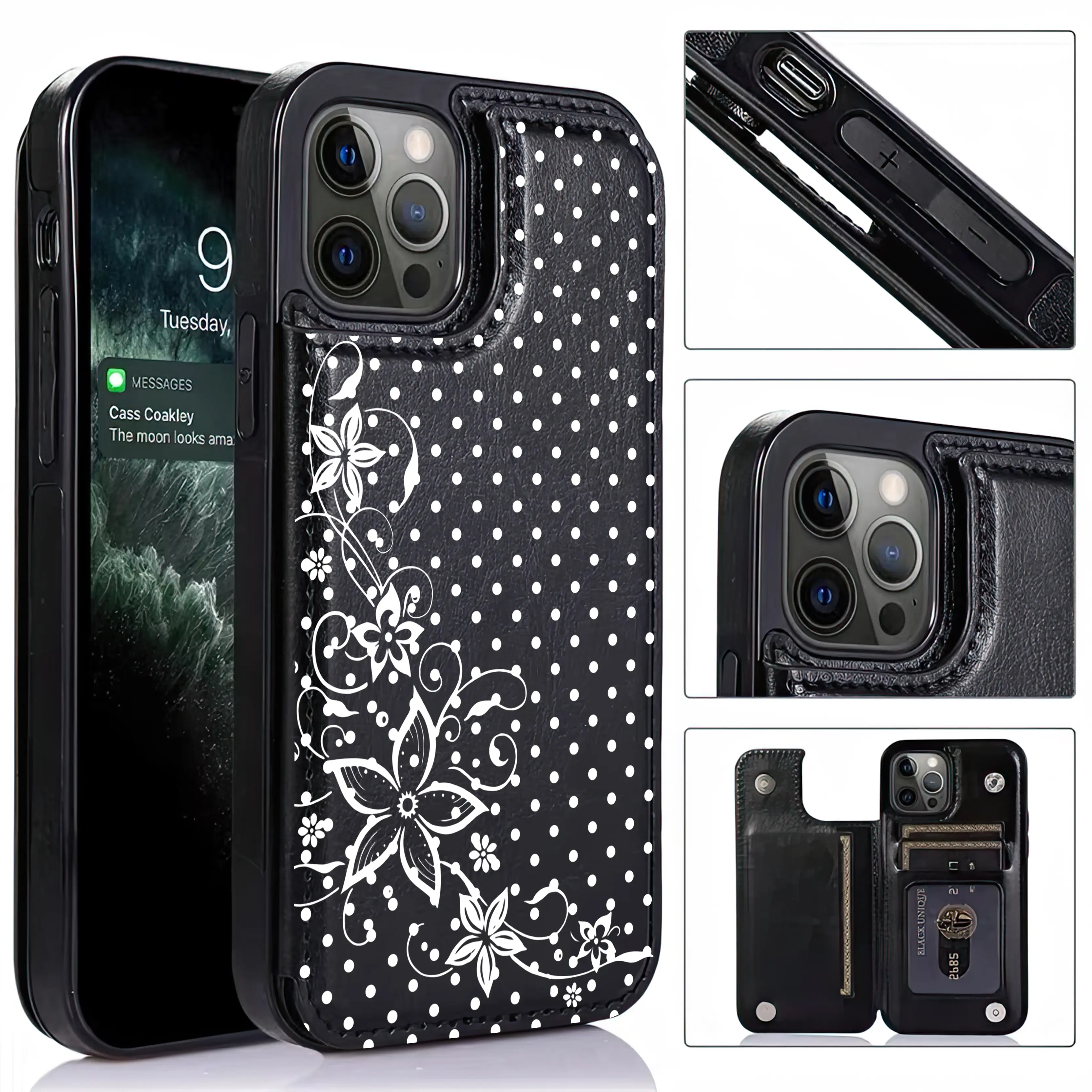 Lily & Polka Dots Pattern Leather Card Holder Phone Case, Suitable for iPhone 17Pro Max Air 16 15Plus 14 13 12 Samsung Galaxy S25Ultra S24FE S23 S22 Phone Case, Leather Phone Case with Card Holder, Protective Cover, Shockproof Drop.JY123